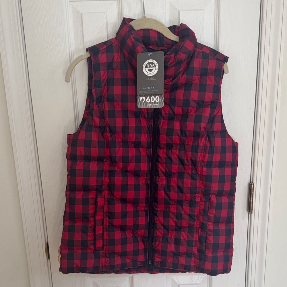 Lands' End Red and Black Plaid Puffer Vest